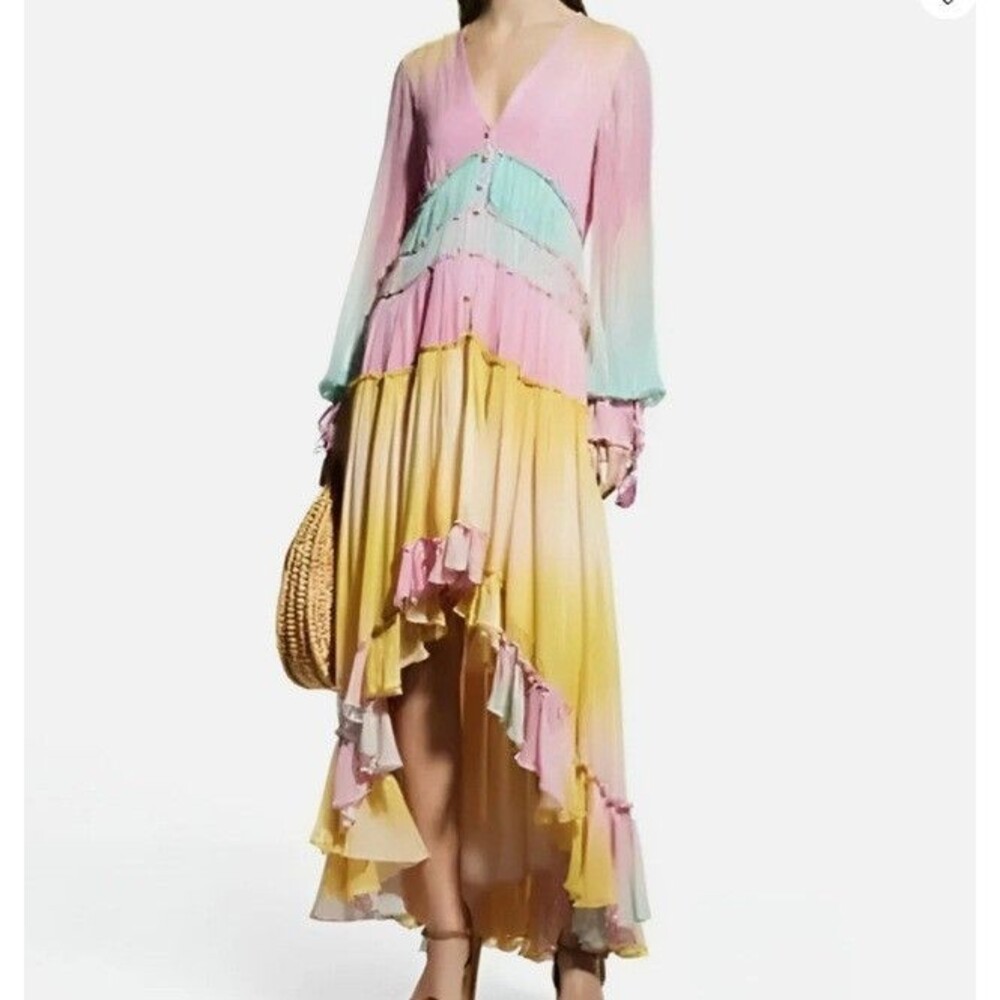 Rococo Sand Zale Metallic Pastel High-Low Ombre Rainbow Maxi Dress NWT XS Ruffle